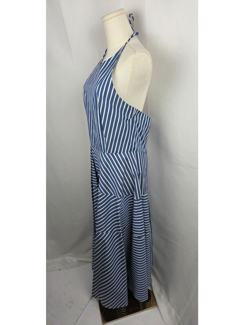 Lafayette 148 New York Blue White Striped Cotton Halter Dress Sz 8 Midi Pleated - Picture 6 of 15